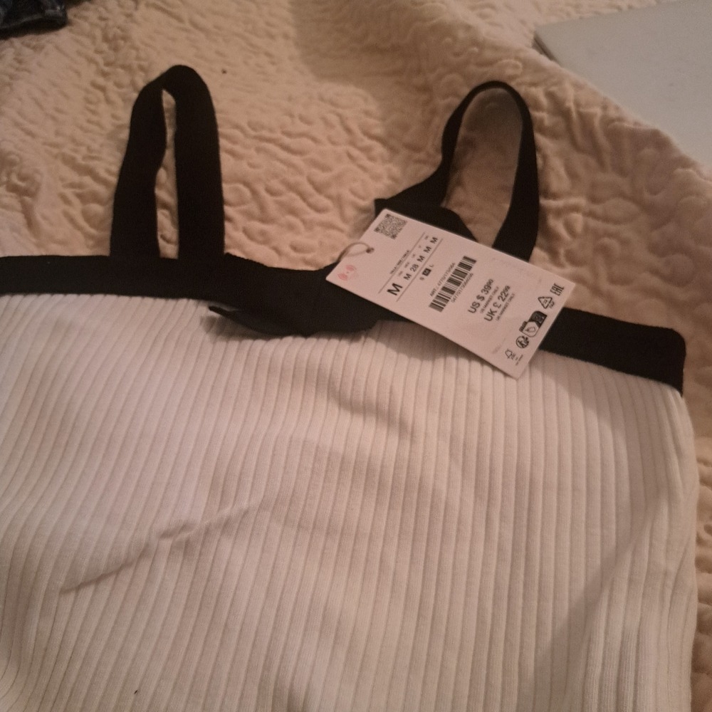Zara Women White Ribbed Knit Peplum Camisole Top Black Bow Trim Medium 4770/117 - Picture 8 of 10